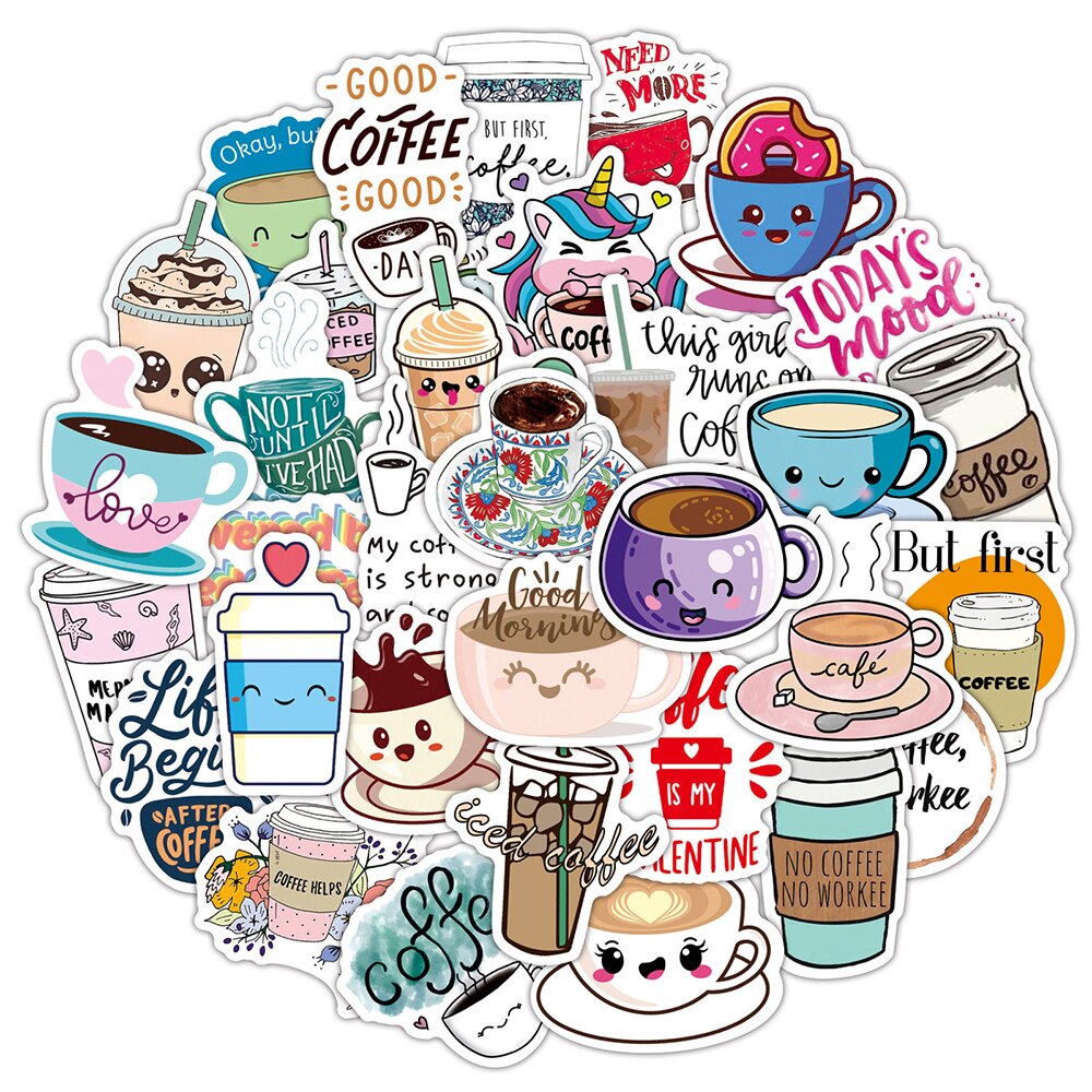 50 Stuks Leuke Cartoon Koffie Stickers Pvc Voor Meisje Kawaii Decal Sticker Speelgoed Diy Briefpapier Bagage Koffer Laptop Gitaar Pegatinas