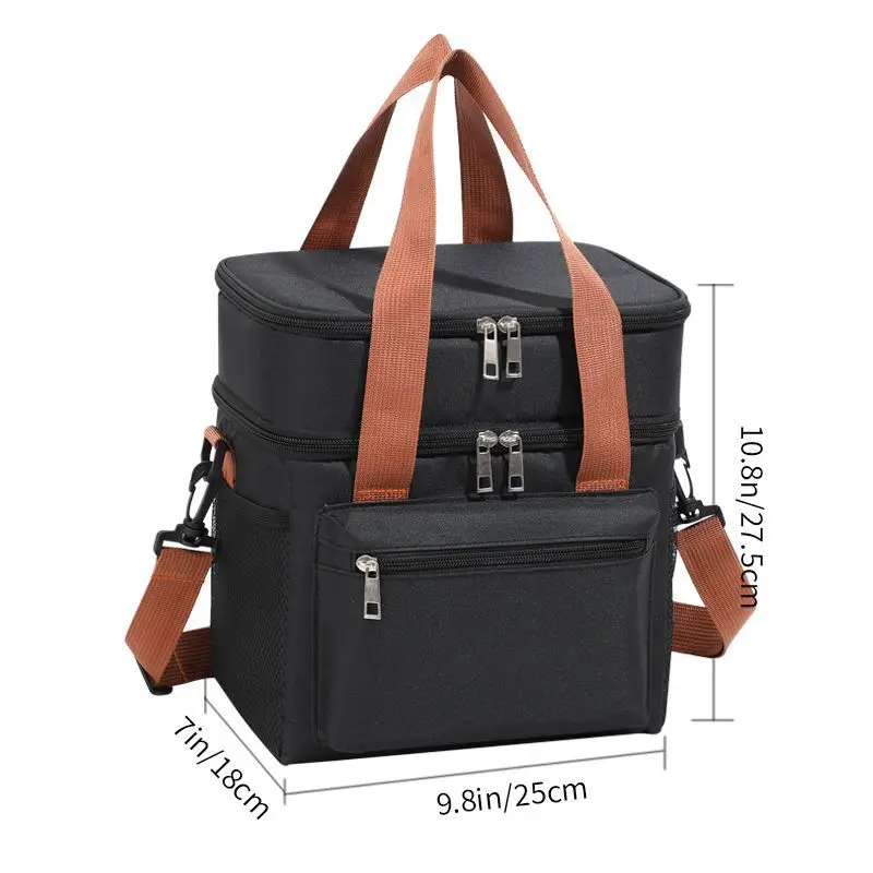 Thermal Lunch Bag Double Layers Large Capacity Lunch Boxes Bags Portable Crossbody Picnic Food Drink Storage Bag Cooler Tote: black