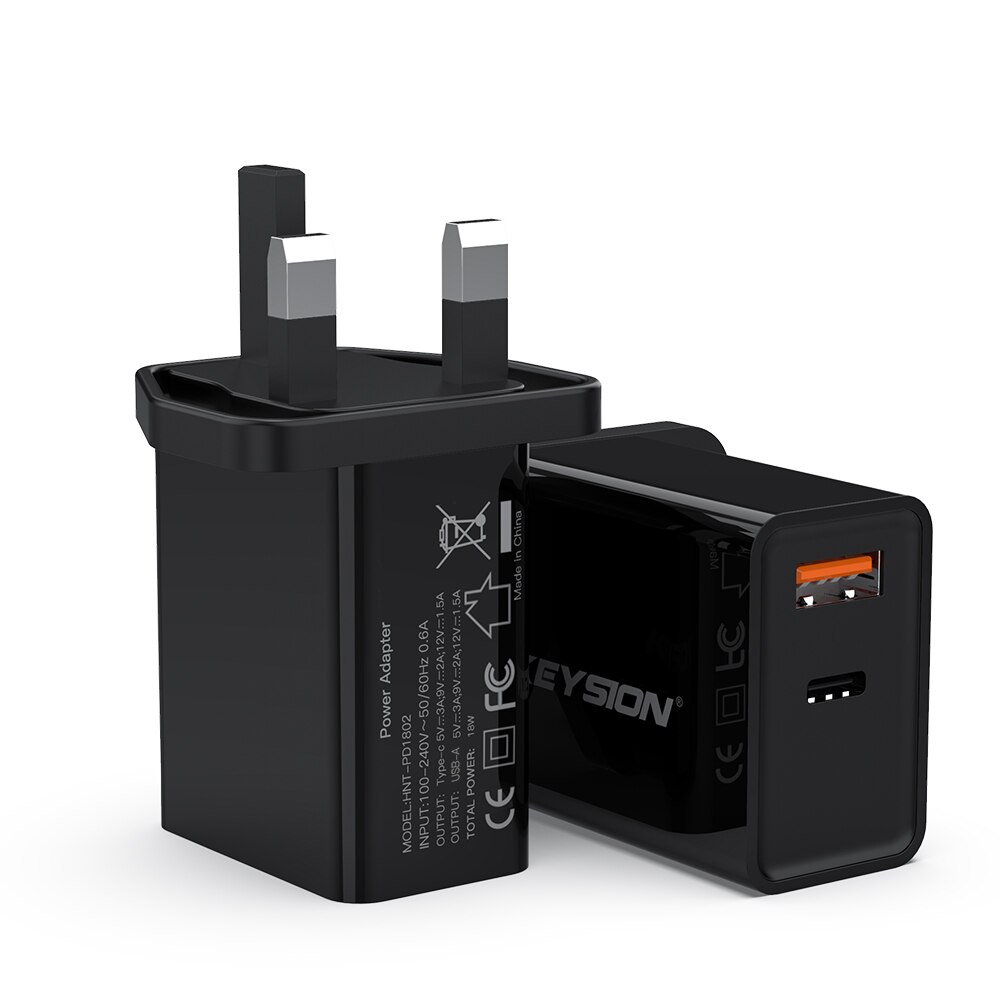 KEYSION PD Fast Charger 18W Dual USB Quick Charge 3.0 Charger For iPhone 13 12 11 Samsung Xiaomi Mobile Phone Charger Adapter: UK PLug  Black