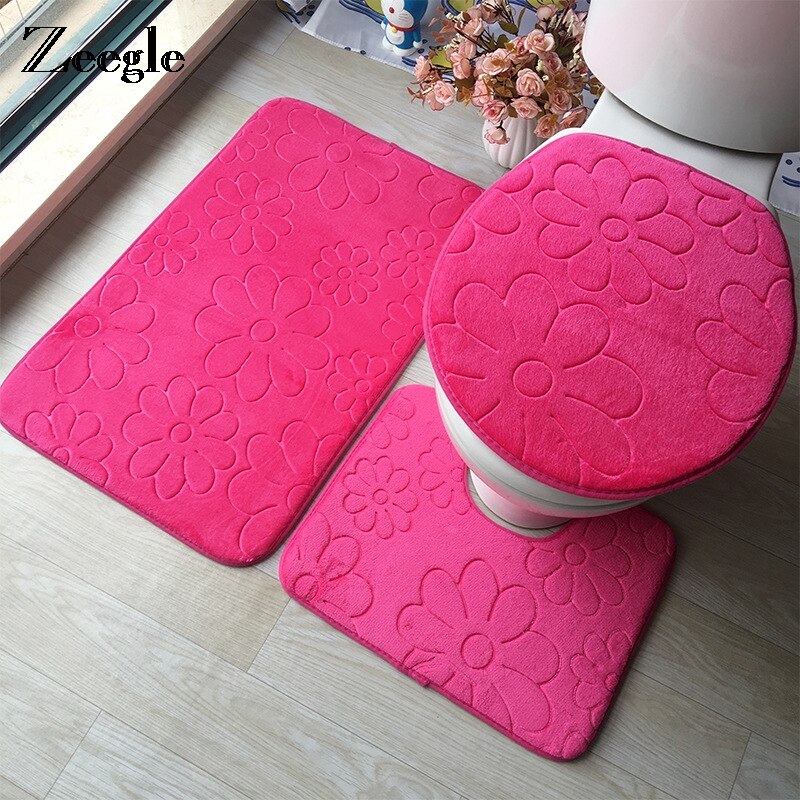 Zeegle Embossed Toilet Bath Mats Set Memory Foam Bath Mat Carpets Absorbent Non-Slip Floor Rugs Toilet Rugs Lid Cover