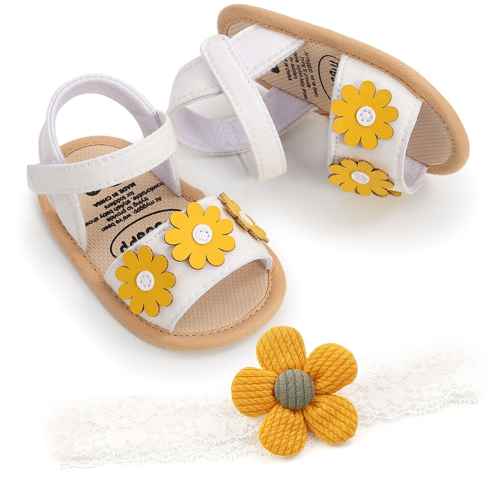 Baby Girls Summer Sandals With Flower Newborn Toddler Flat Shoes+Headband Infant Girls Sandals First Walker Crib Shoes