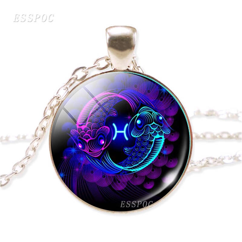 Twelve Constellation Chain Necklace Glass Alloy Zodiac Sign Pendant Necklace Charm Jewelry for Women: Pisces