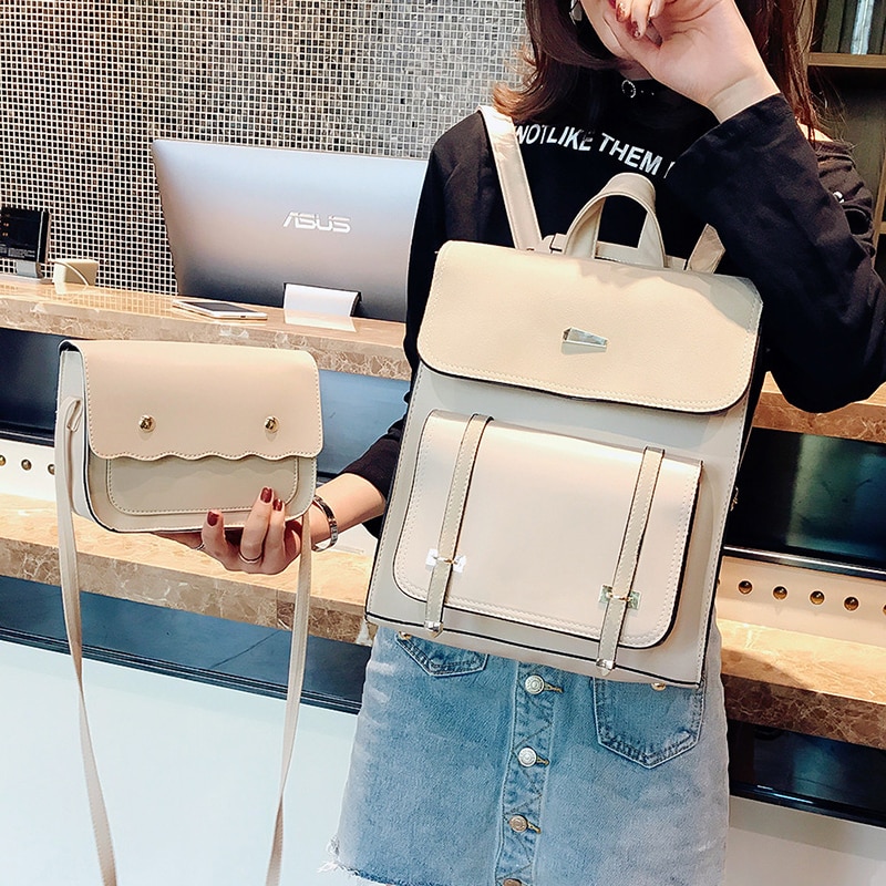 Two sets Women Backpack pu Leather Backpacks Teenage Girls Female School backpack Shoulder Bag