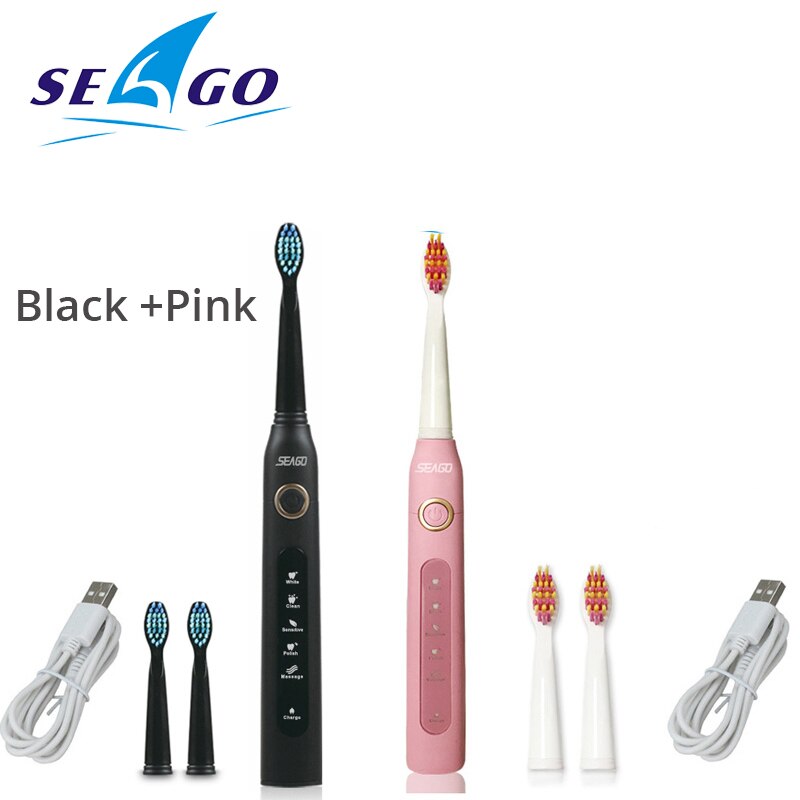 Seago Sonic Toothbrush Electric USB Rechargeable Waterproof Replacement Brush Head Best: black and pink