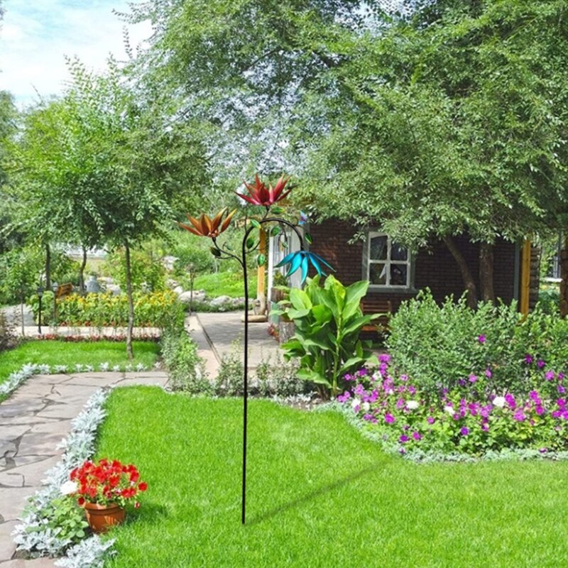 Large Metal Wind Spinner with Three Spinning Flowers Butterflies Windmill Wind Sculpture for Outdoor Garden Art Decor