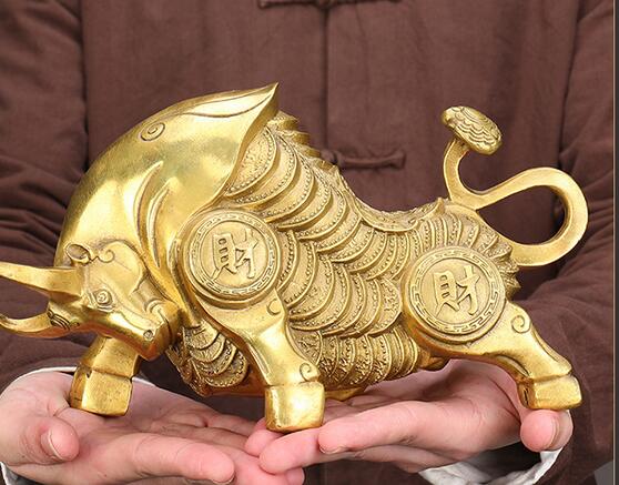 Medium Size Brass Bronze Wall Street Fierce Bull OX Figure Statue 7" Long
