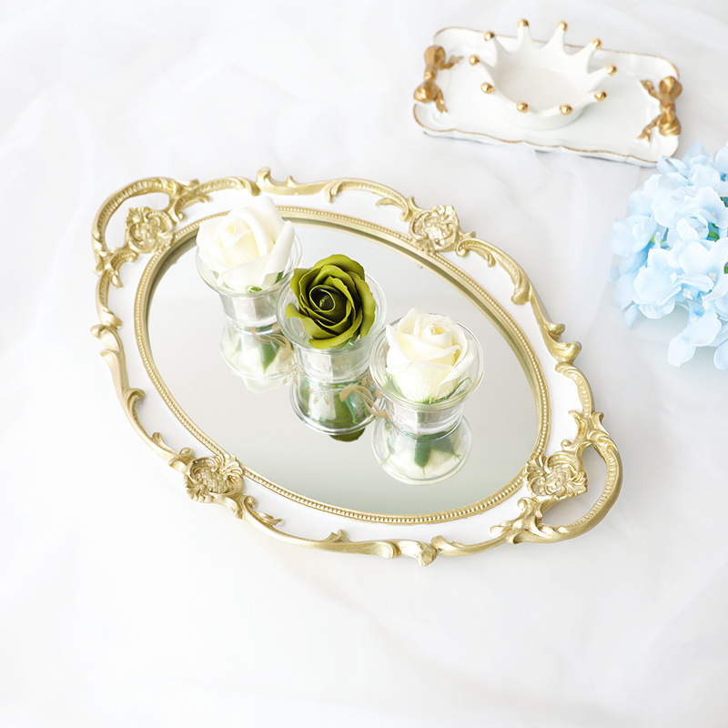 Spejl glas cupcake tallerken vintage udskåret harpiks ring fad kosmetik makeup arrangør smykker opbevaring dekorative bakker