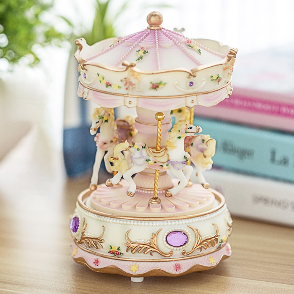 Speelgoed Hars Retro Luxe Carrousel Valentijnsdag Handwerk Thuis Kid Muziekdoos Bruiloft Uurwerk Mechanisme Led Light Decor: Paars