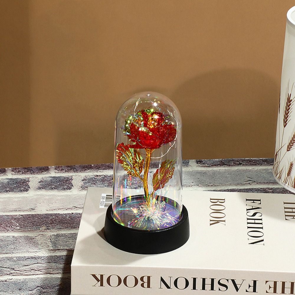 Rode kleurrijke roos kunstbloemen bruiloft decoratie eeuwige roos decoratieve bloemen planten oplichtende roos in een glazen koepel: Black