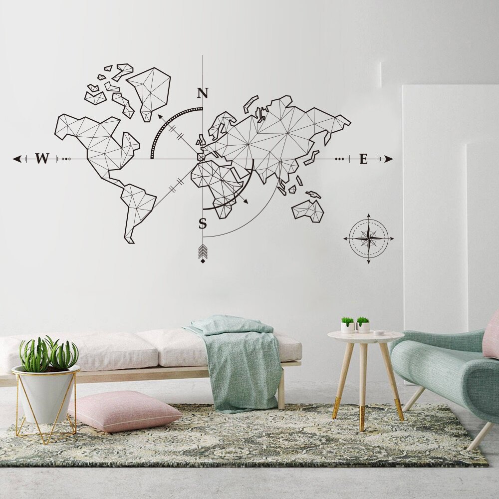 Large World Map Compass Earth Wall Sticker Office Classroom Travel Global Exploration Adventure Decals Vinyl Art Décor