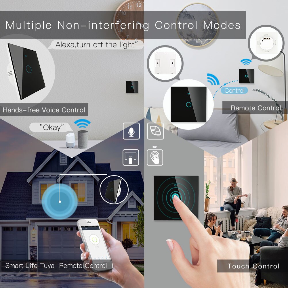 WiFi RF433 Transmitter Wall Panel Smart Glass Panel Touch Switch 1/2/3 Gang Remote Control Switch Works with Alexa, Google Home