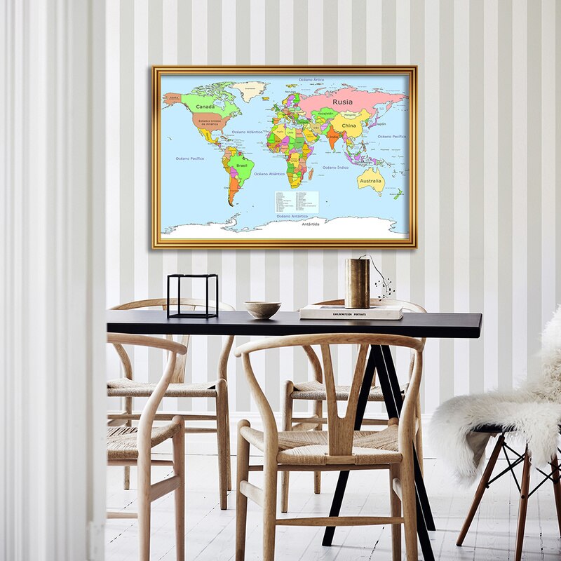 90x60cm Canvas World Map In Spanish Political Distribution Map of The World Spanish Wall Art Poster for Home Office Decoration