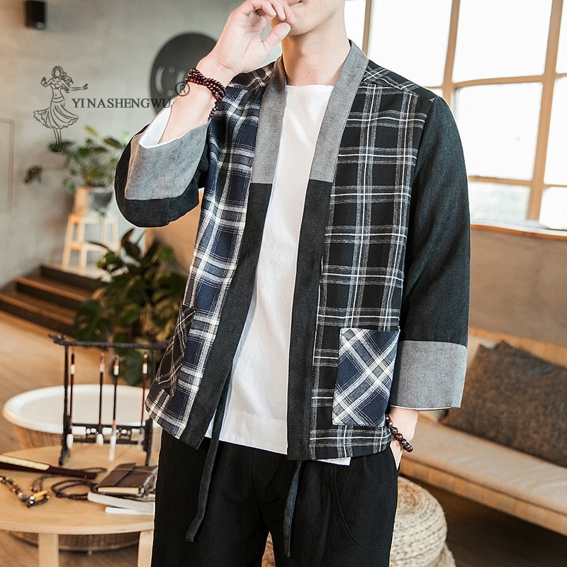 Kimono japonais imprimé Yukata pour homme, haut, manteau, chemises à manches, veste en lin, samouraï japonais Haori, Cardigan, Costume,