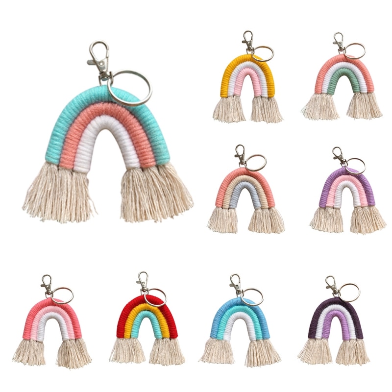Macrame regnbue nøgleringe boho taske charms med kvaster håndvævet bomuldstilbehør til bilnøgle pung pung hængende dekoration