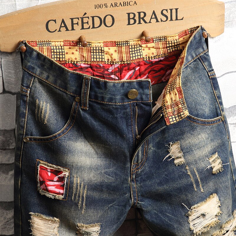 Sommer trend patch personlighed hul mænd casual denim shorts sommer tynde sektion lige jeans shorts