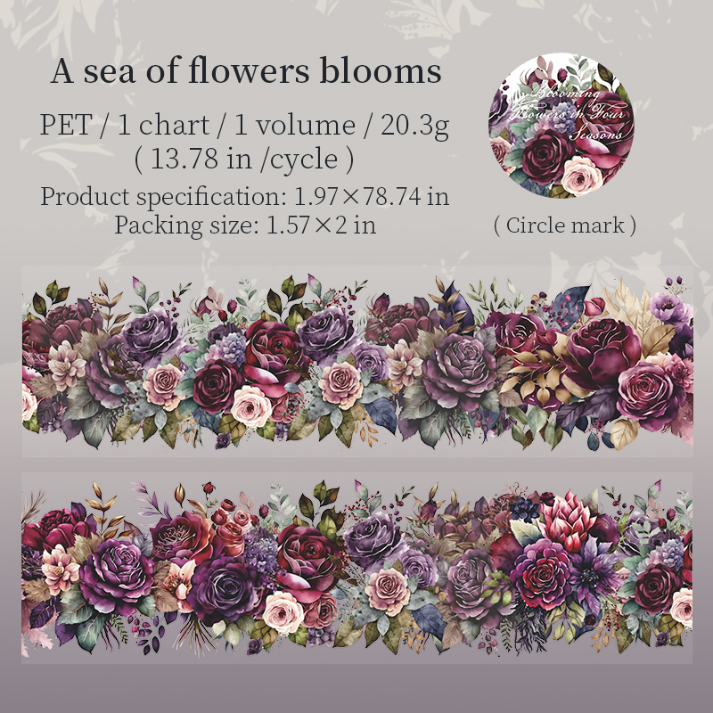 Yoofun 5x200cm Blooming Season PET Tape Flower Garden Decorative DIY Sticker for Card Making Journal Scrapbooking Planner diy: Burgundy