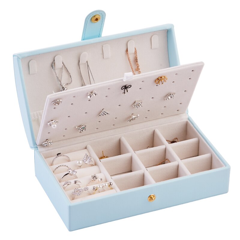 Jewelry Box Portable Multi Function PU Leather Fresh and Simple Earrings Ring Jewellry Storage Necklace Case: Ark LightBlue