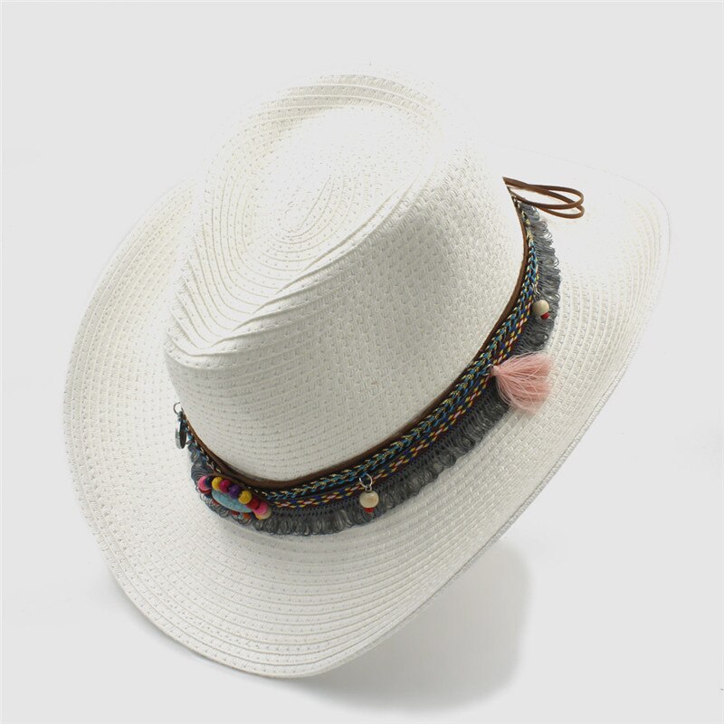 Kvindestøv vestlige cowboyhatte med rullet op bred kant til dame cowgirl jazz hat med kvast sombrero cap sommerstrand solhat: Hvid