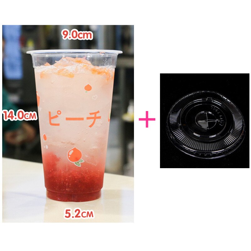 50pcs 90 caliber 500ml transparent cold drink cup fruit lemon peach pattern disposable juice plastic cups with lid: cup and lid2