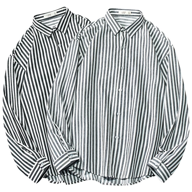 Zwart wit gestreepte overhemden verticaal patroon heren lange mouwen losse herenoverhemden herfst dun casual chemise herenkleding  eb50cs