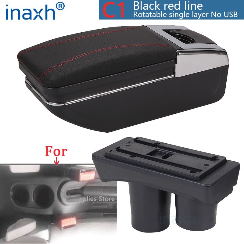 Reposabrazos Universal para Citroën C2, caja de almacenamiento para Citroën C2, reposabrazos, portavasos, accesorios de modificación: C1 Black red No USB