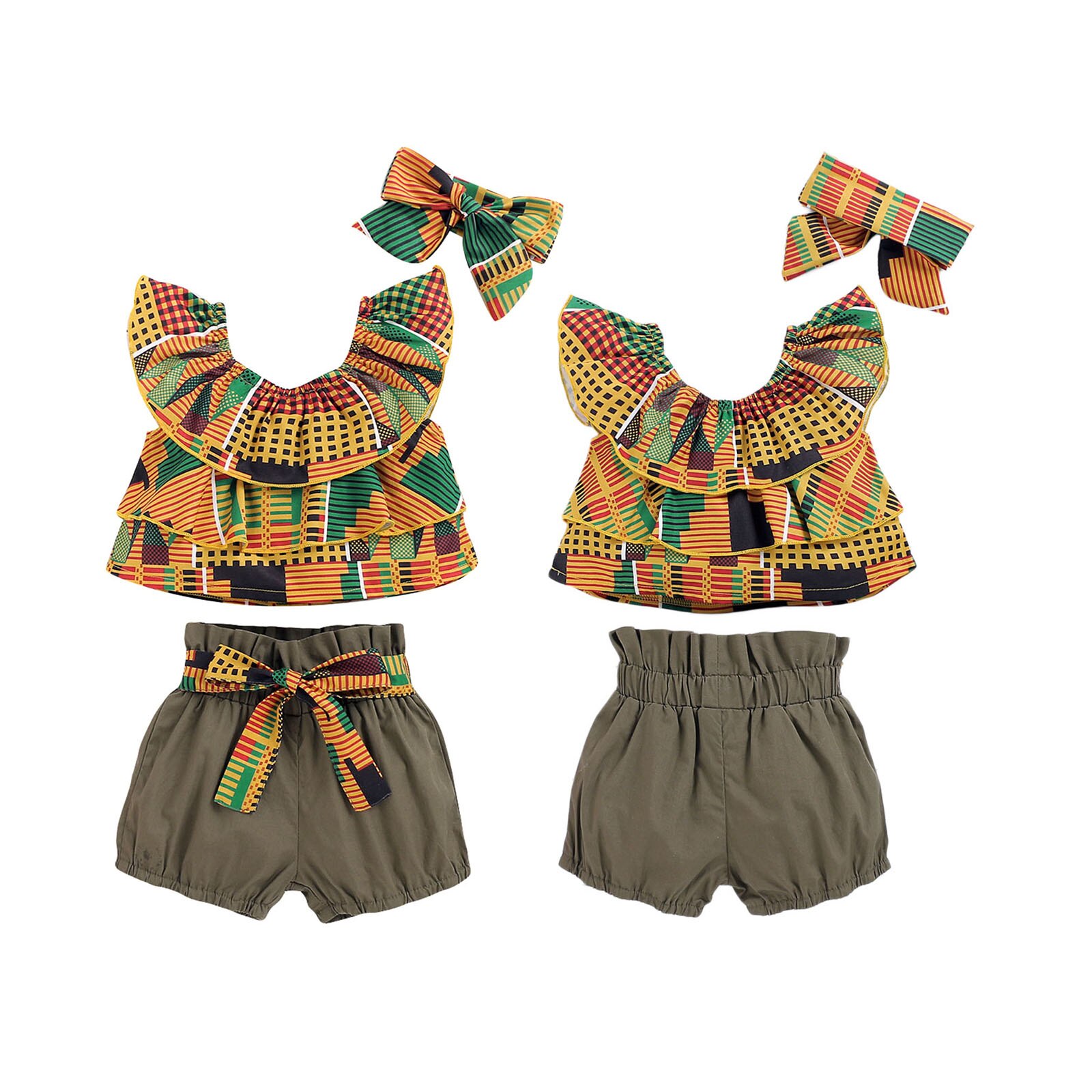 Drie Stuk Meisje Kleding Mode Geometrische Afdrukken Mouwloze Tops En Effen Kleur Korte Broek Met Hoofdband 1-5T