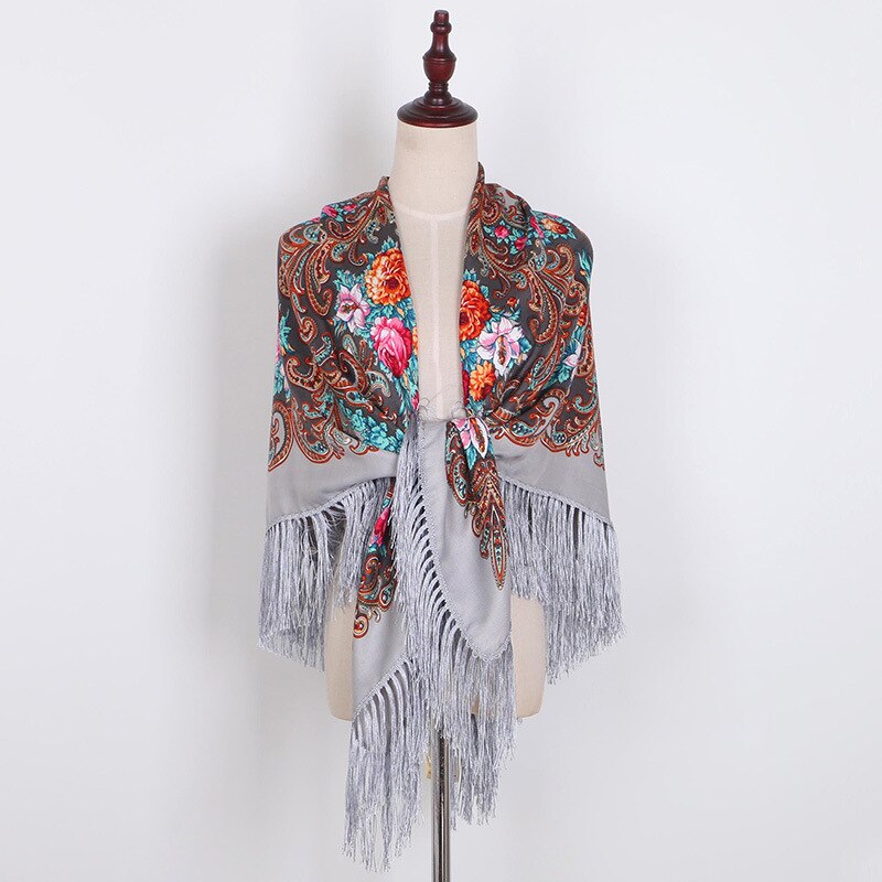 Rysk halsduk ukrainska fransade sjalar traditionella blommiga polska kvinnor hals huvud wrap vintage antik huvud hijab scarf poncho: Grå