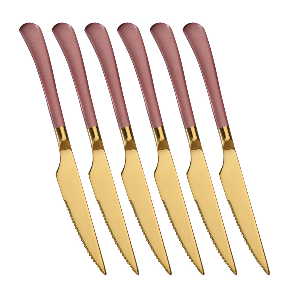 6pcs/set Stainless Steel Steak Knife With Long Handle Titanium Plating Gold Dinner Knives Luxurious Western Flatwares: 6pcs pink gold