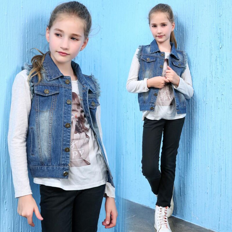 Girls Cowboy Vest Sleeveless Jean Jackets for Kids Children Outerwear 2-10 Years Kids Vest Denim Coat Girl Denim Waistcoat