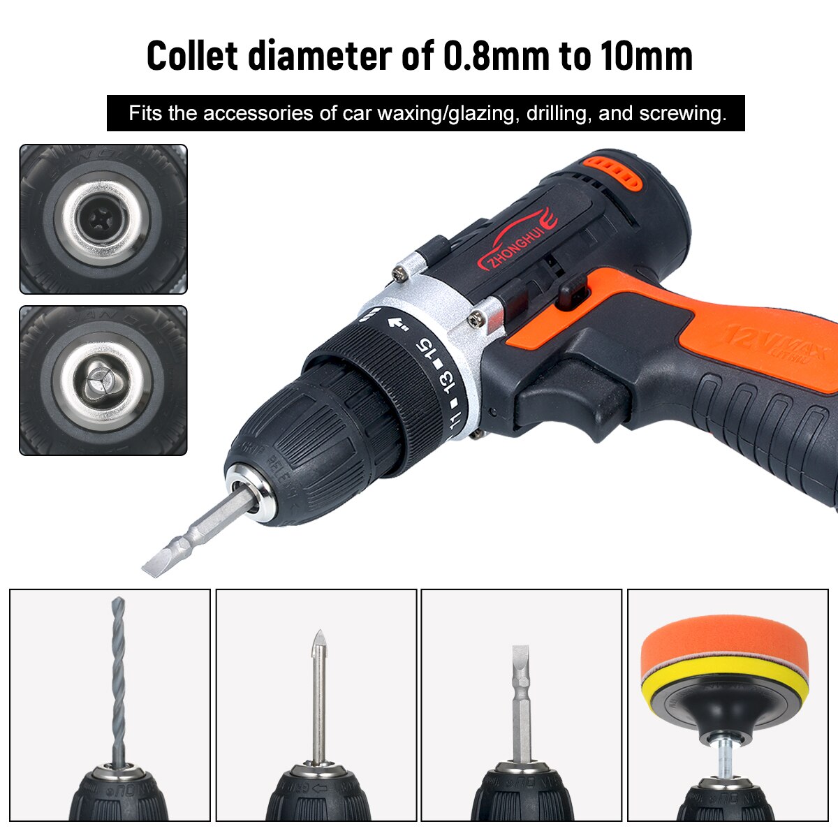 12V Cordless Drill/Driver Kit 1400rpm Variable Speed Polisher Car Buffer Waxer Set Power Screwdriver with 5 Bits 1 Polishing Pad