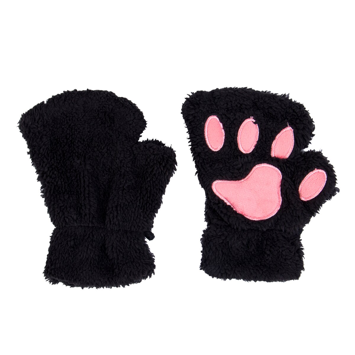 Gants pour demi-doigt Costume noir et Beige | de femmes, griffe de chat, patte de chat, peluche chaude et douce, ours moelleux court: Black