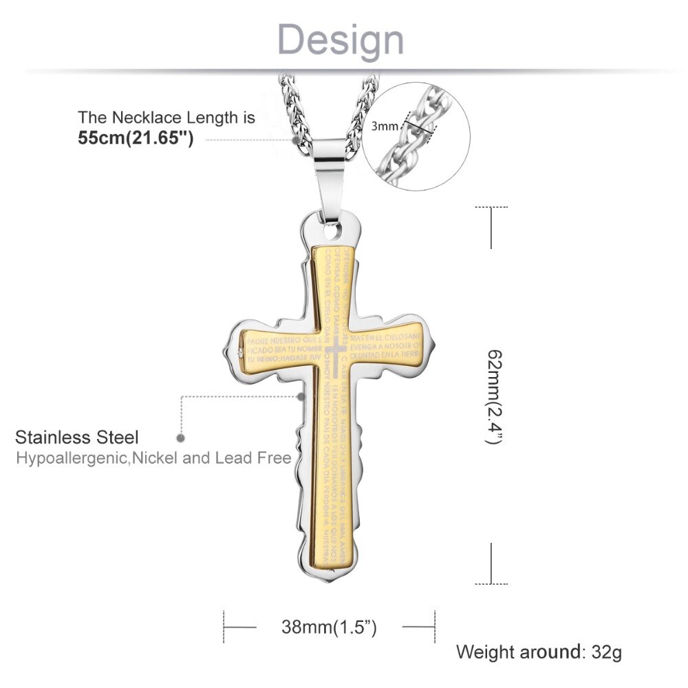 Collares y colgantes de doble capa con Cruz para hombres, Cadenas de Metal con cuerpo de acero inoxidable, joyería para niños, modelo MN209