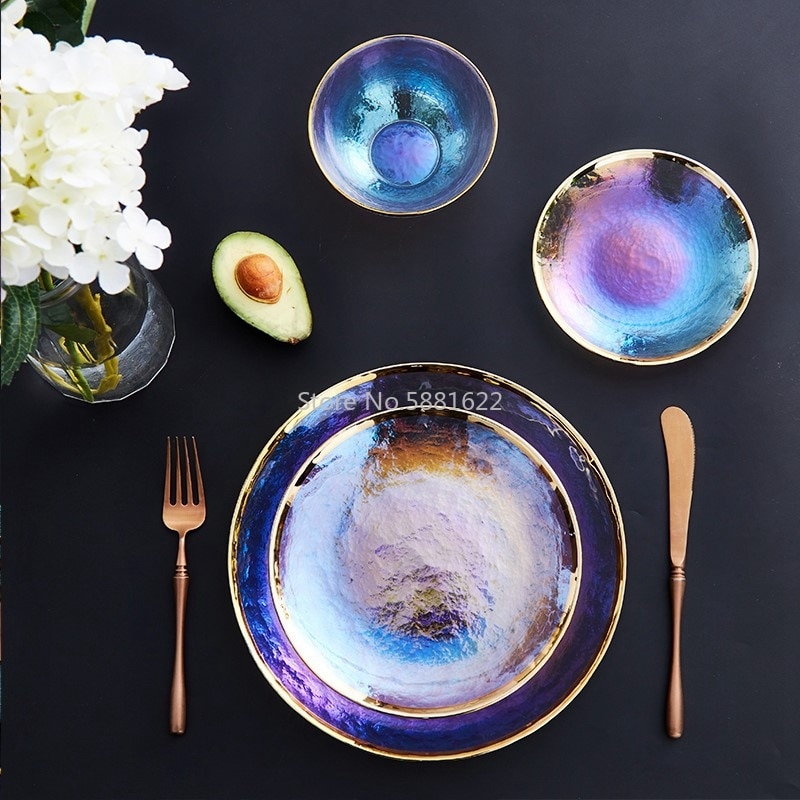 Rainbow Glass Dinner Plates Food Plates Desset Plate Cake Dish Salad Bowl Fruit Bowls Food Storage Glassware Dinnerware