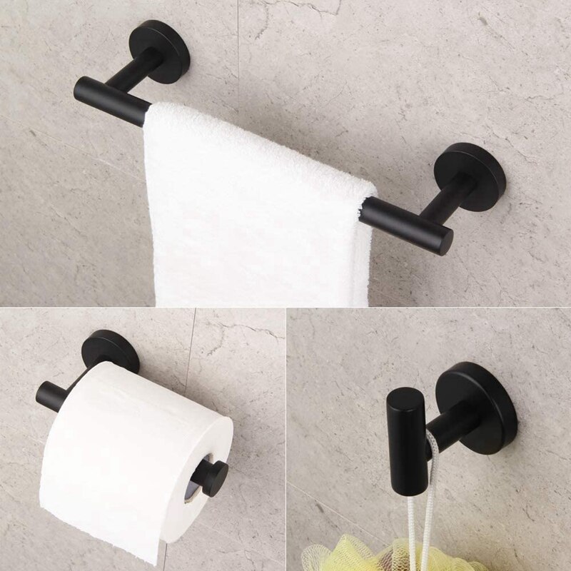 Bathroom Rack Set 3 Piece Set Stainless Steel Bathroom Wall-Mounted Towel Rack Toilet Paper Holder Bathrobe Hook, Black