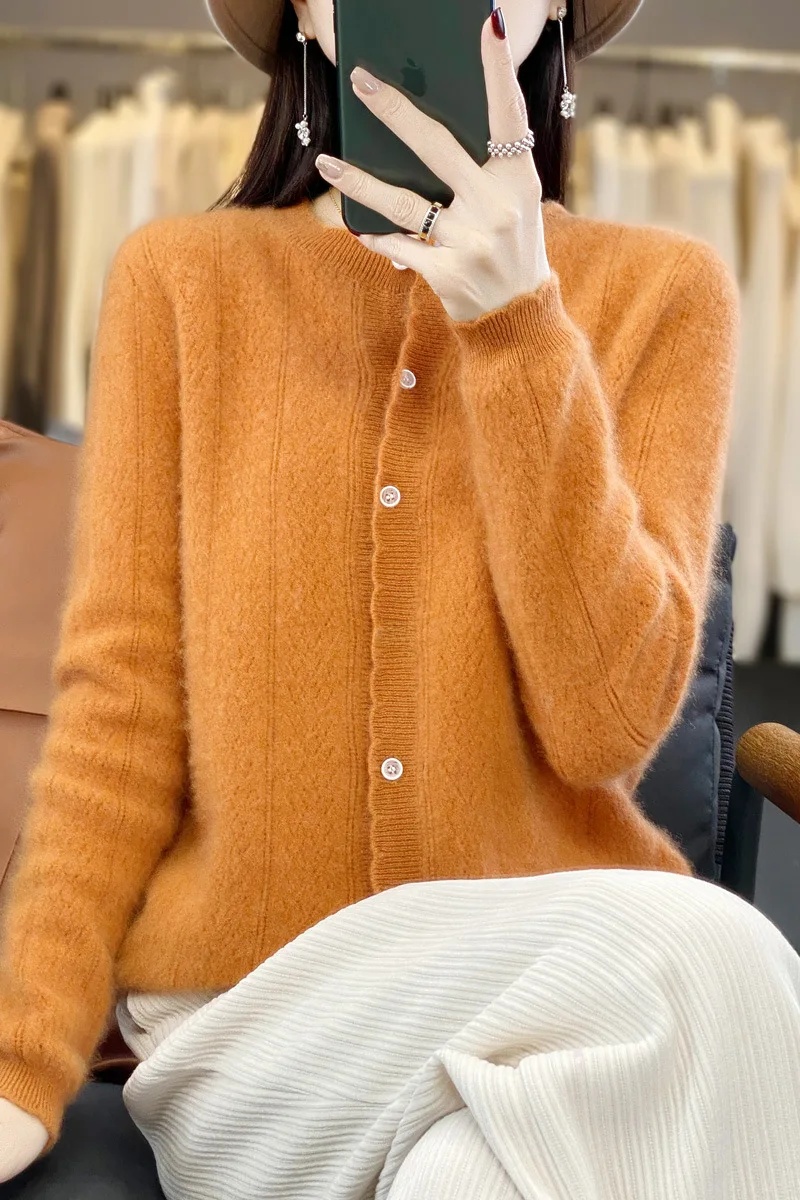 100% cárdigan abierto suelto de lana pura para mujer Otoño Invierno estilo ropa externa Top perezoso cuello redondo suéter de punto de manga larga