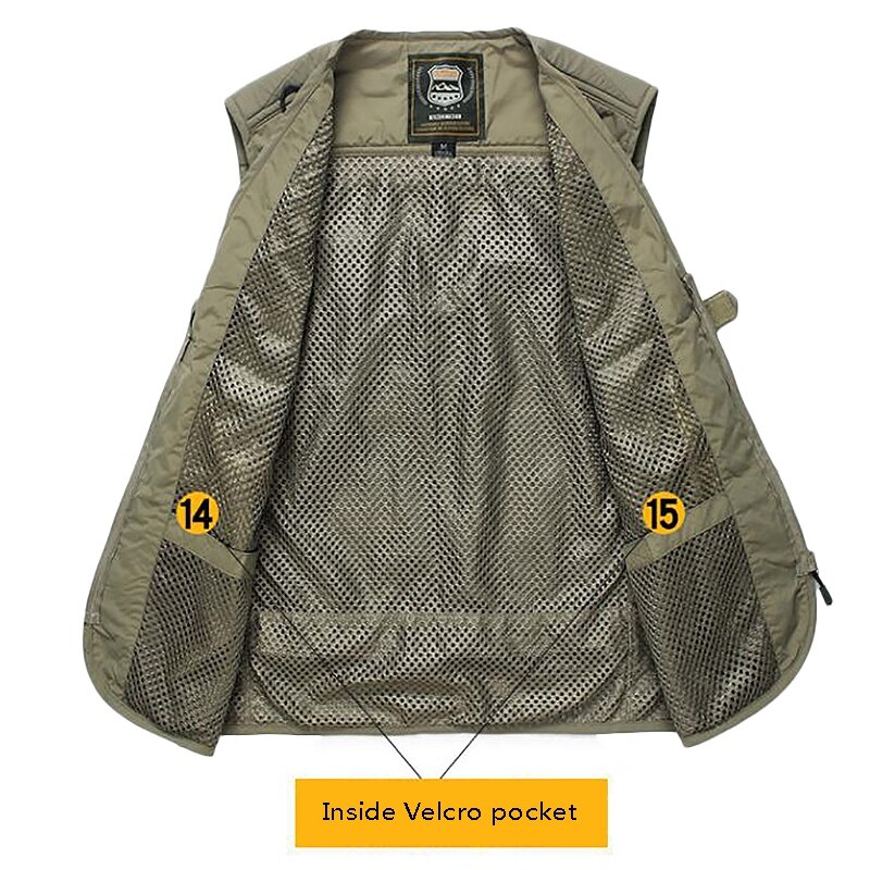 Chaleco de pesca multifunción de secado rápido para hombre, chaqueta suelta de malla para exteriores, multibolsillos, abrigo de cintura de pescador para fotografía, color caqui M