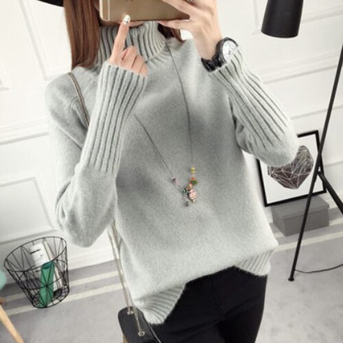 Autumn winter Women Knitted Sweaters Soft Pullovers Turtleneck Long Sleeve Solid Color Slim Elastic Short Sweater Women: Gray