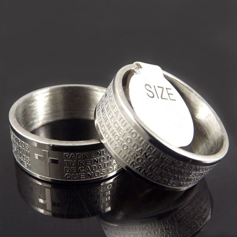 Men's Stainless Steel Cross Scripture Ring Silver Color Male Charming Jewelry Smooth Finger Rings