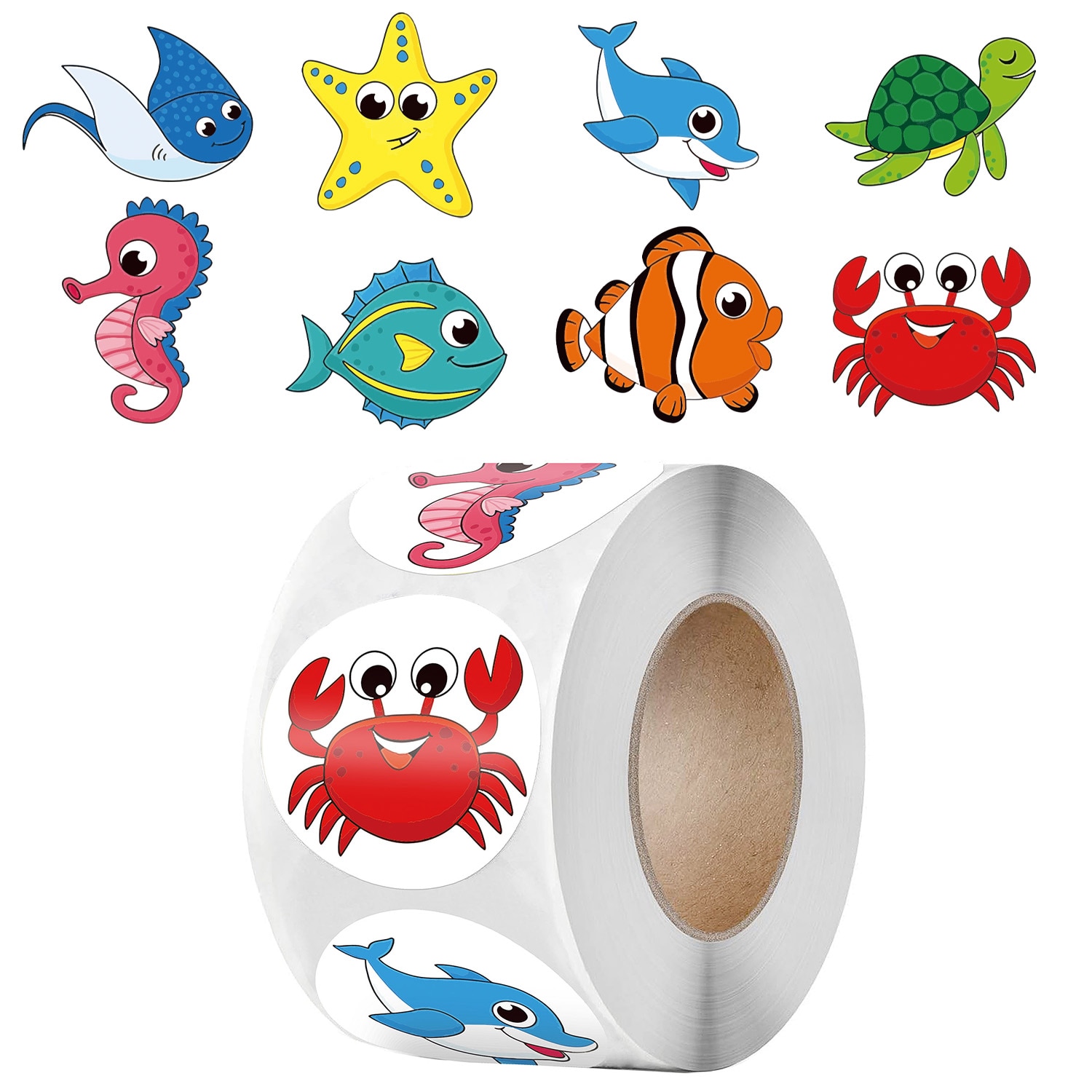 500Pcs/Roll Schattige Ronde Zee Dier Stickers Voor Kinderen 8 Ontwerpen School Leraar Levert Aanmoediging Beloning Kinderen Stickers