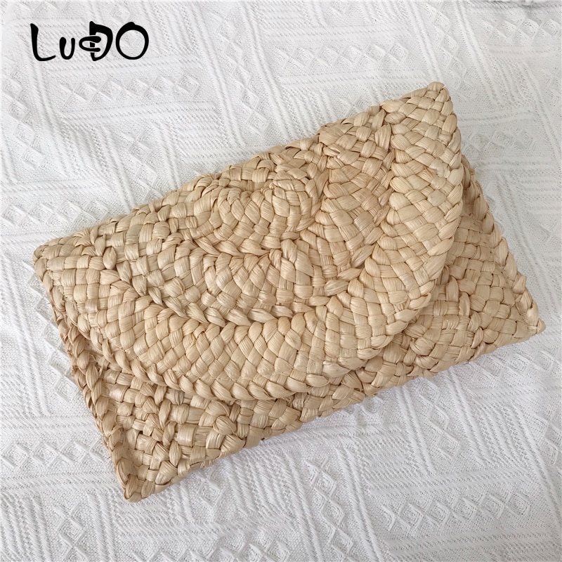 Lucdo sommar vintage halm stickade kuvertväskor lyx handväska damer strand axel crossbody clutch väskor sac