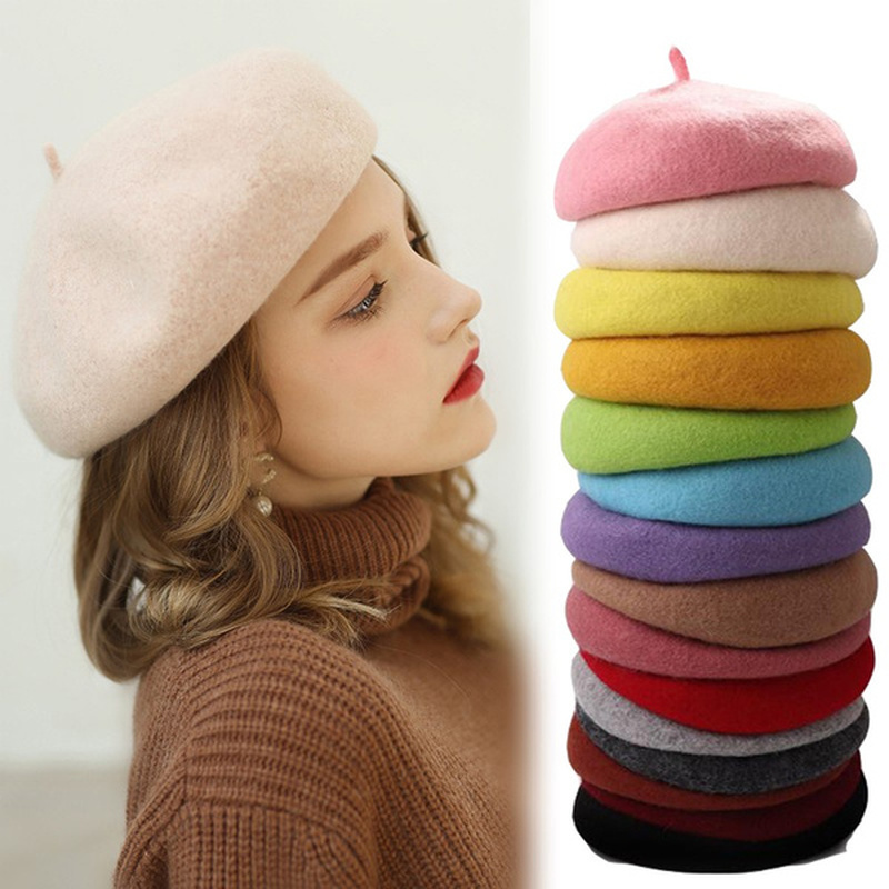 Jahrgang Frauen Mädchen Einfache Baskenmütze Französisch Warme Wolle Winter Mütze Hütte Kappe schlicht Baskenmütze Hüte Einfarbig Elegante Dame Winter kappen