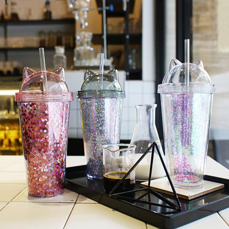 Tasse en plastique Transparent avec oreille de chat, Double couche, 473ml/16oz, tasse d&#39;eau, tasse de paille, tasse à café, gobelet avec paille
