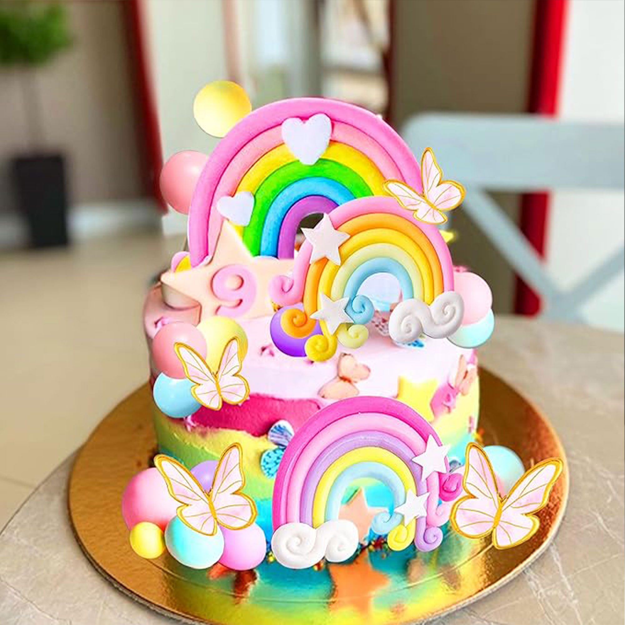 LaVenty 33 PCS Pink Rainbow Cake Topper Unicorn Rainbow Cake Decorations Boho Cake Topper Girls Birthday