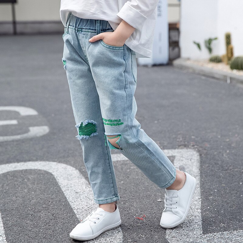 Meisjes gescheurde gaten jeans lente/herfst kinderen kapotte denim broeken broeken voor tienermeisjes 110-160cm dwq 636