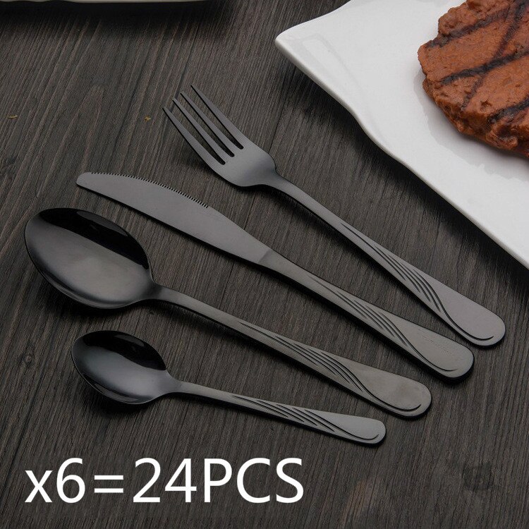24/30 PCS Western Food Stainless Steel Cutlery Set Gold-plated Magic Cutlery Spoon/Fork/Knife Kit Dinnerware Sets: Black 24 PCS