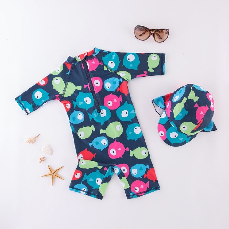 Lovely Undersea World Pattern Baby Boy Swimwear with Swimming Cap/Handsome Beach Sunscreen Surfing Swimsuit 3205