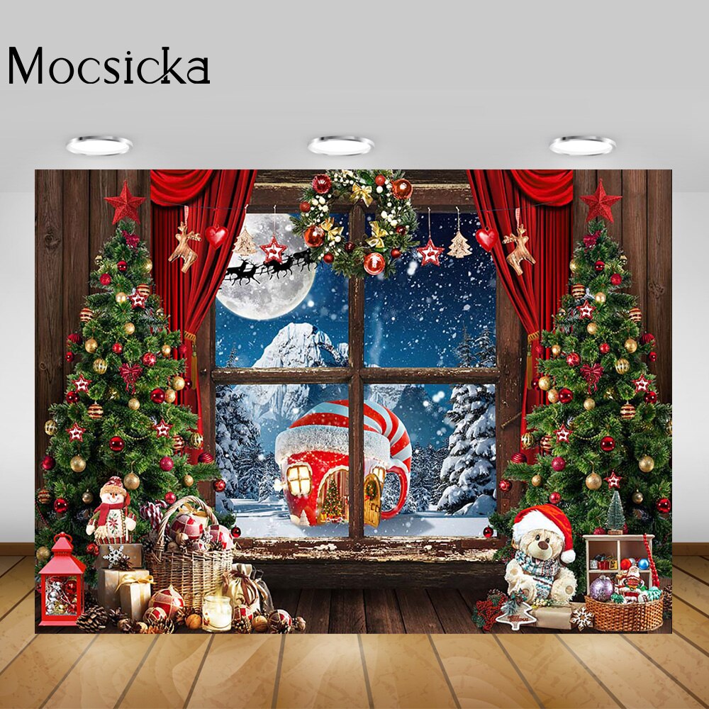 Winter Fenster Wunderland Hintergrund Weihnachten Bäume Gefrorene Schnee Szene Hintergrund Vorhang Vollmond Nacht Fröhlich Weihnachten Party