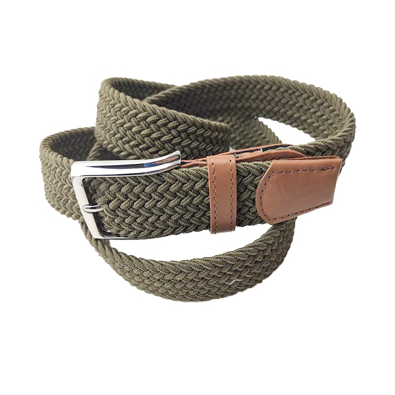 Green Longer Elastic Belts For Men Woven Braided Fabric Comfort Stretch Casual Belts Wide Metal Stretch Canvas Belt