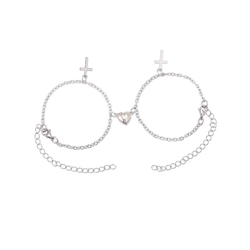 2 pieces/lot of lovers with heart-shaped magnetic pull bracelet stainless steel cuban chain charm couple