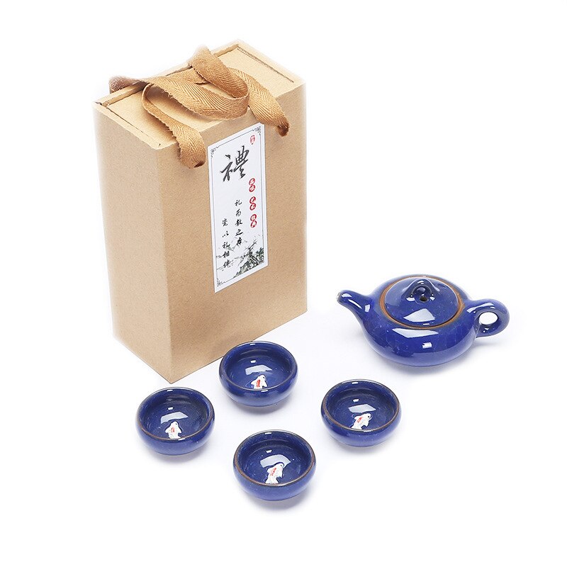 Carp Ice Crack Chinese Tea Travel Set Kung Fu Tea Set Ceramic Portable Teapot Porcelain Teaset Gaiwan Tea Cups Tea Tool: Blue 5Pcs Gift Box